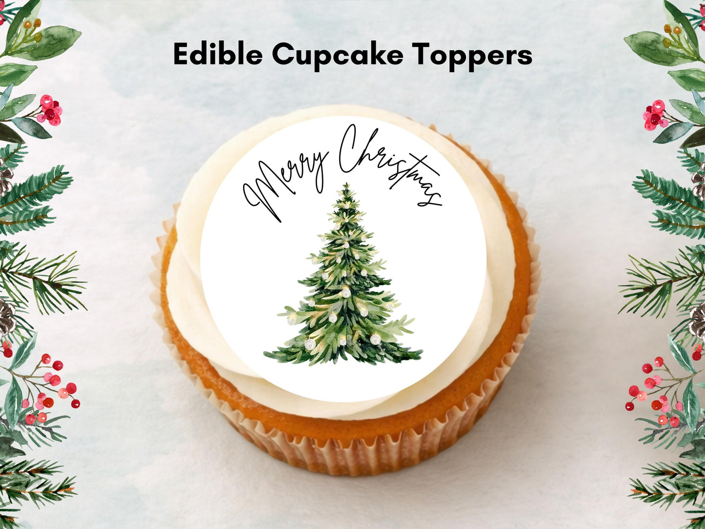 Merry Christmas Edible Cupcake Toppers: 2" Wafer Paper, Card, or Icing Sheet
