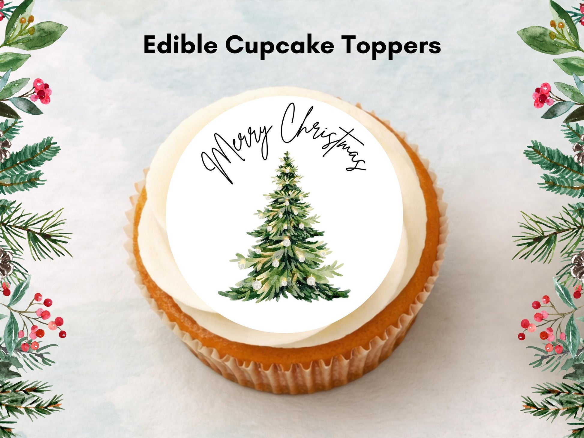 Merry Christmas Edible Cupcake Toppers: 2" Wafer Paper, Card, or Icing Sheet