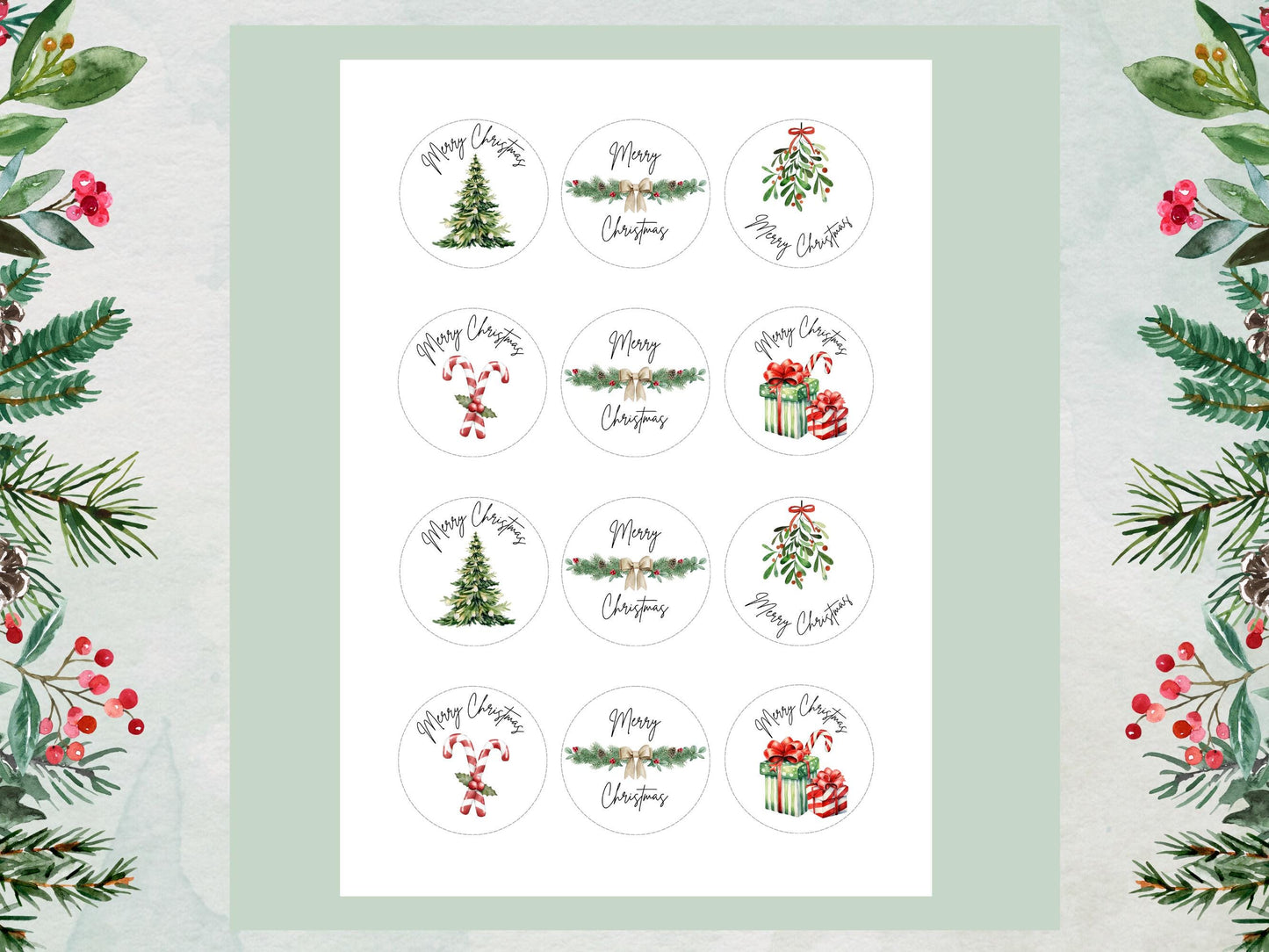 Merry Christmas Edible Cupcake Toppers: 2" Wafer Paper, Card, or Icing Sheet