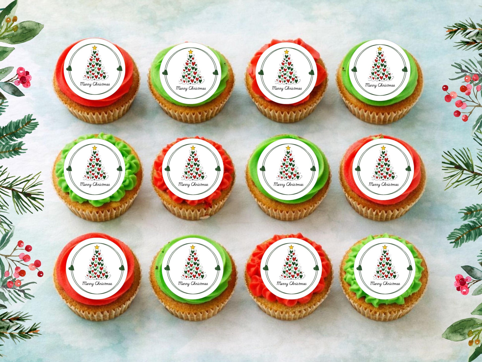 Merry Christmas Cupcake Toppers: Edible Wafer Paper, Card, or Icing (12 x 2")