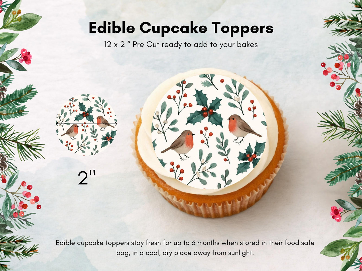 Christmas Robin & Holly Edible Cupcake Toppers: Festive Cake Decoration