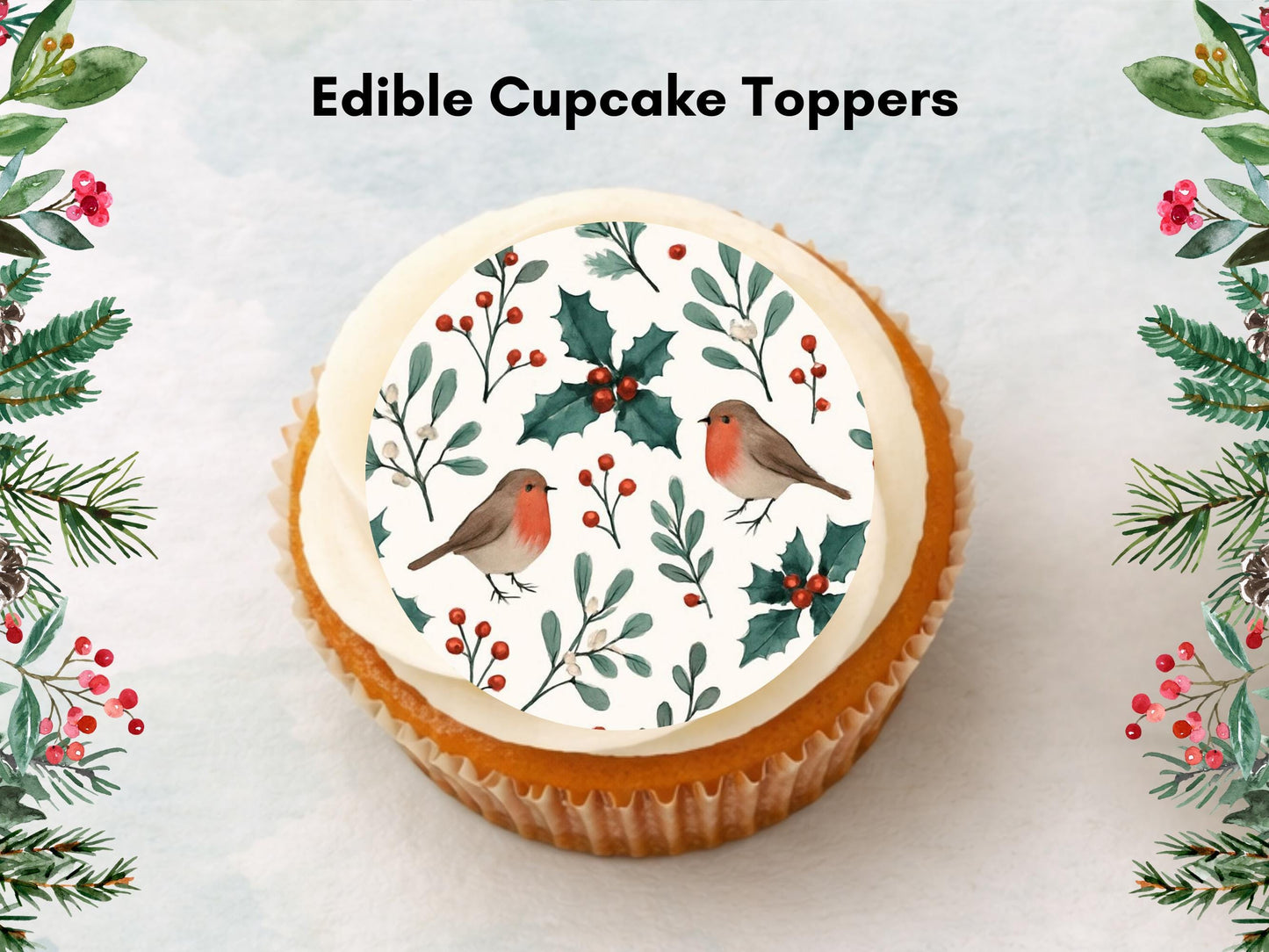 Christmas Robin & Holly Edible Cupcake Toppers: Festive Cake Decoration