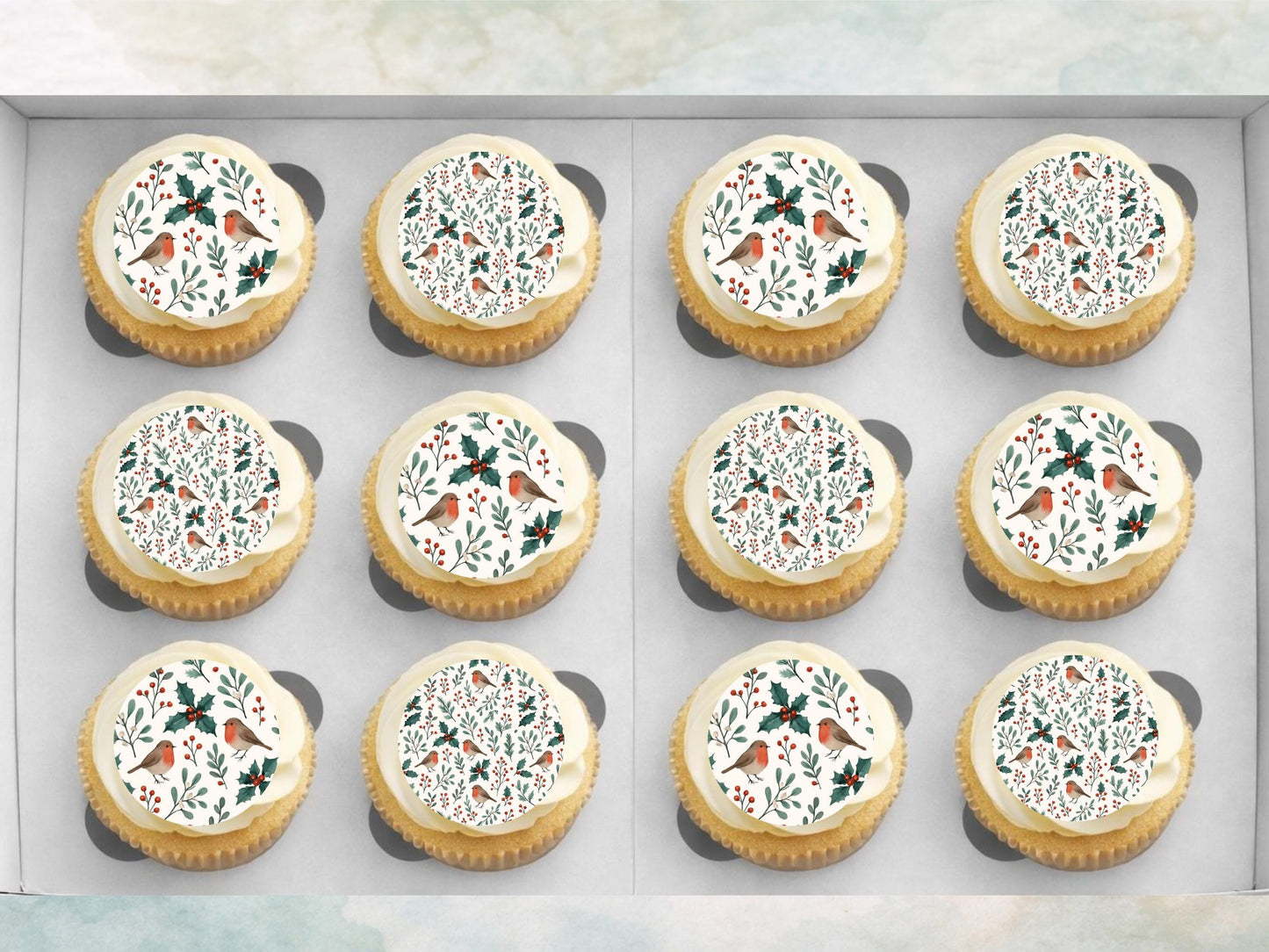 Christmas Robin & Holly Edible Cupcake Toppers: Festive Cake Decoration