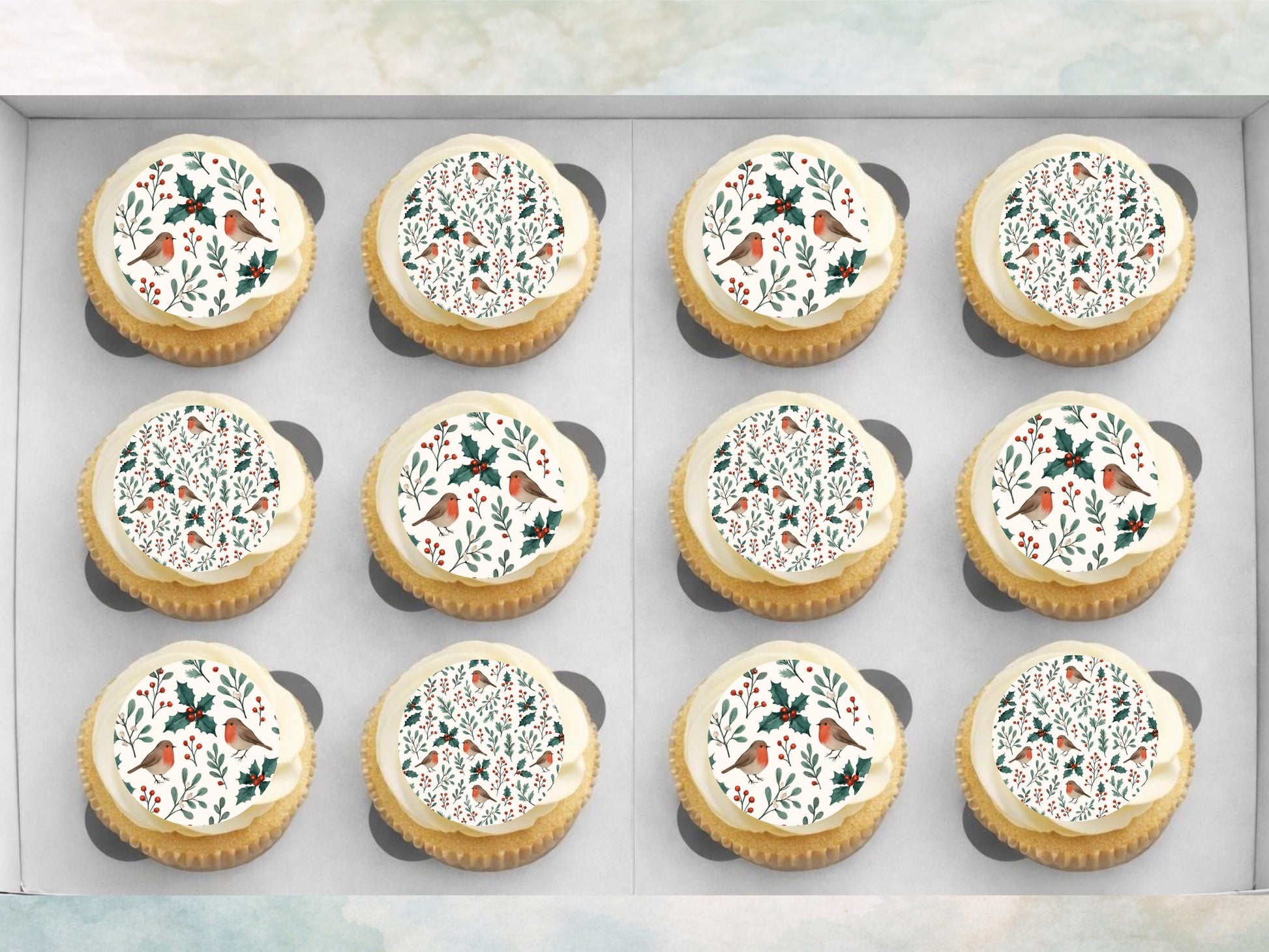 Christmas Robin & Holly Edible Cupcake Toppers: Festive Cake Decoration