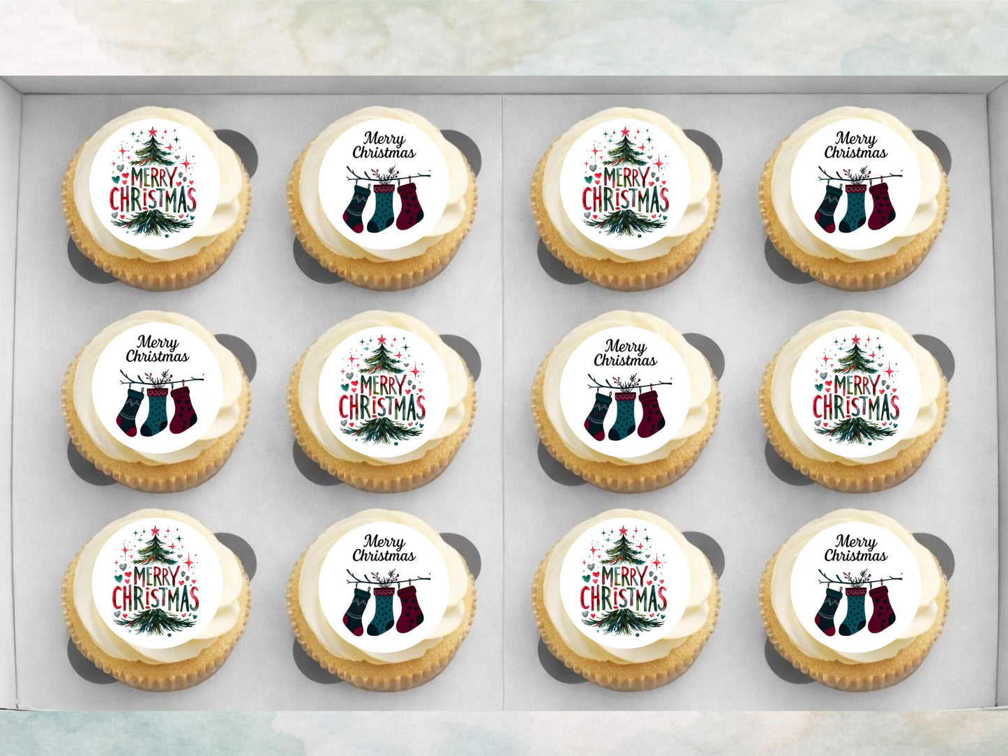 Christmas Edible Cupcake Toppers 12 x 2" – Pre cut Wafer Paper, Card or Icing Sheet, Merry Christmas Tree & Stocking Festive Cupcakes