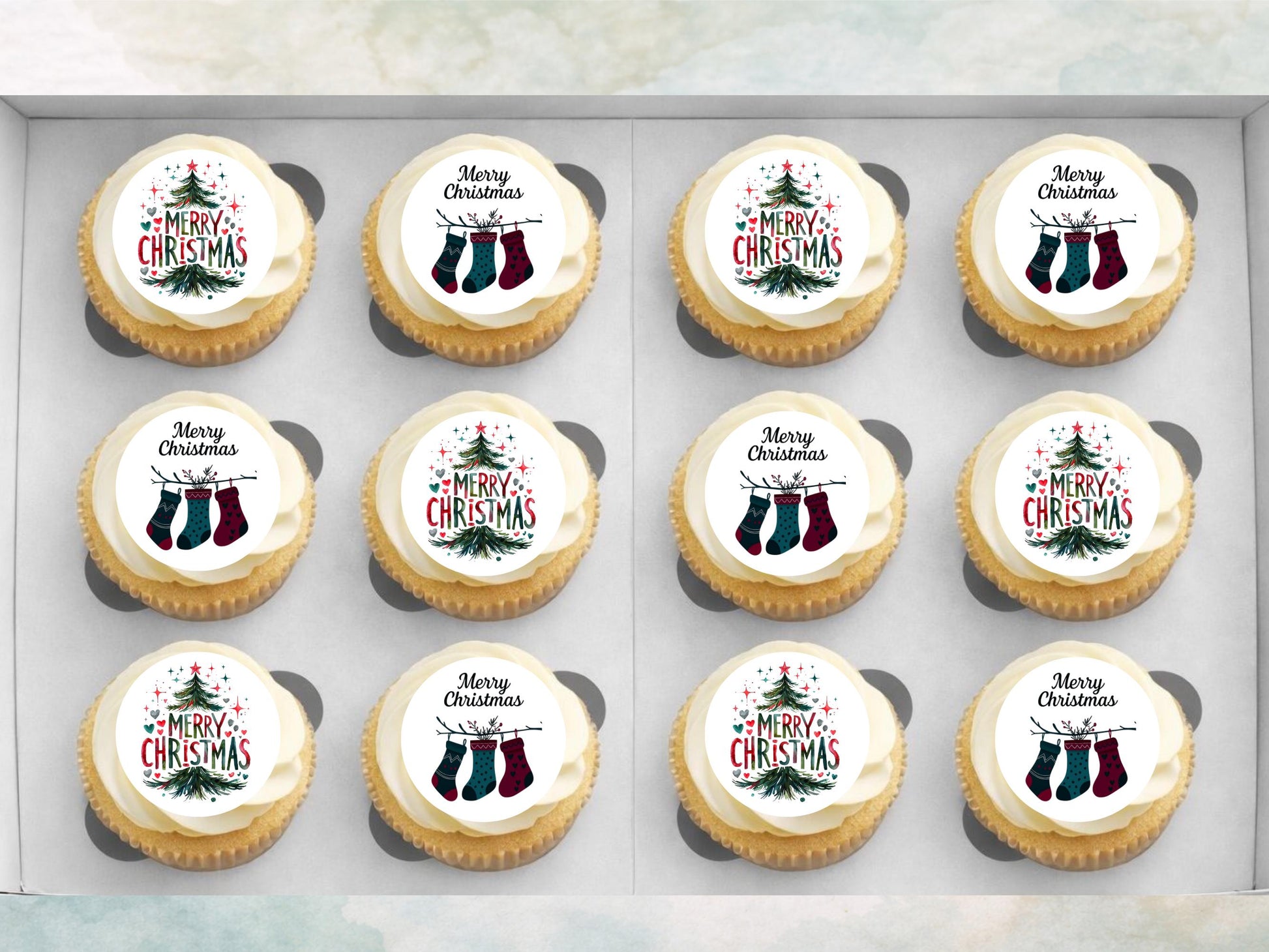 Christmas Edible Cupcake Toppers 12 x 2" – Pre cut Wafer Paper, Card or Icing Sheet, Merry Christmas Tree & Stocking Festive Cupcakes