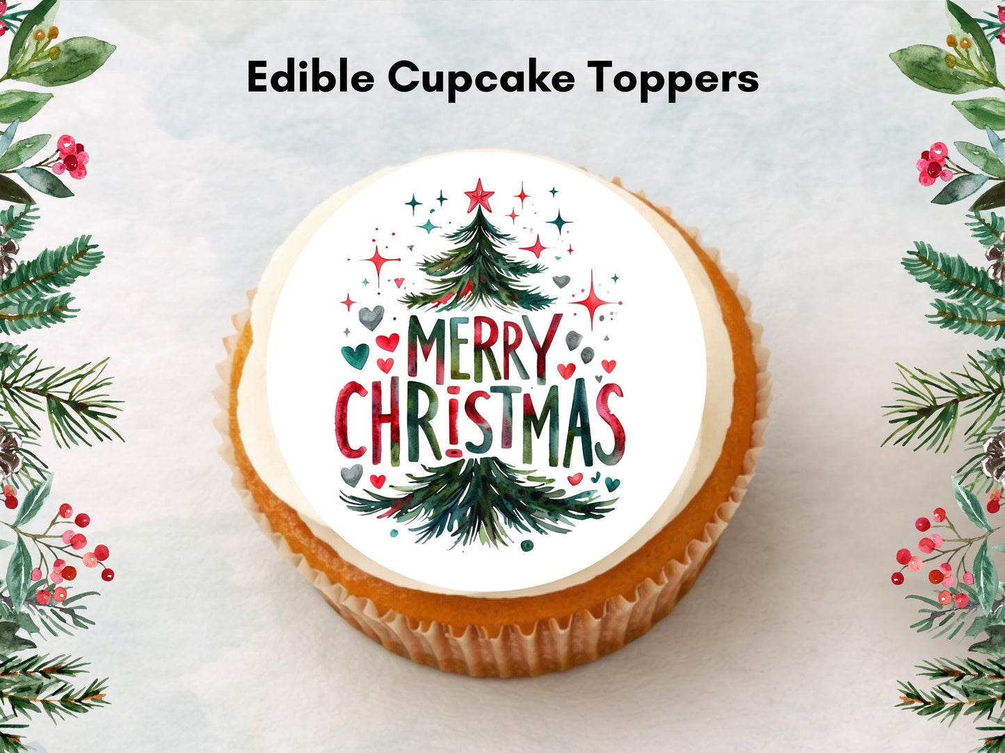 Christmas Edible Cupcake Toppers 12 x 2" – Pre cut Wafer Paper, Card or Icing Sheet, Merry Christmas Tree & Stocking Festive Cupcakes