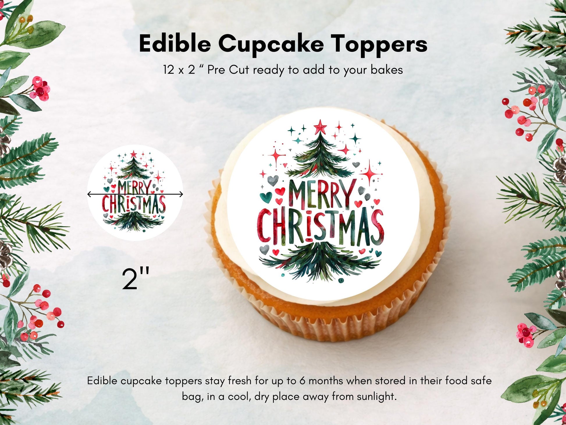 Christmas Edible Cupcake Toppers 12 x 2" – Pre cut Wafer Paper, Card or Icing Sheet, Merry Christmas Tree & Stocking Festive Cupcakes