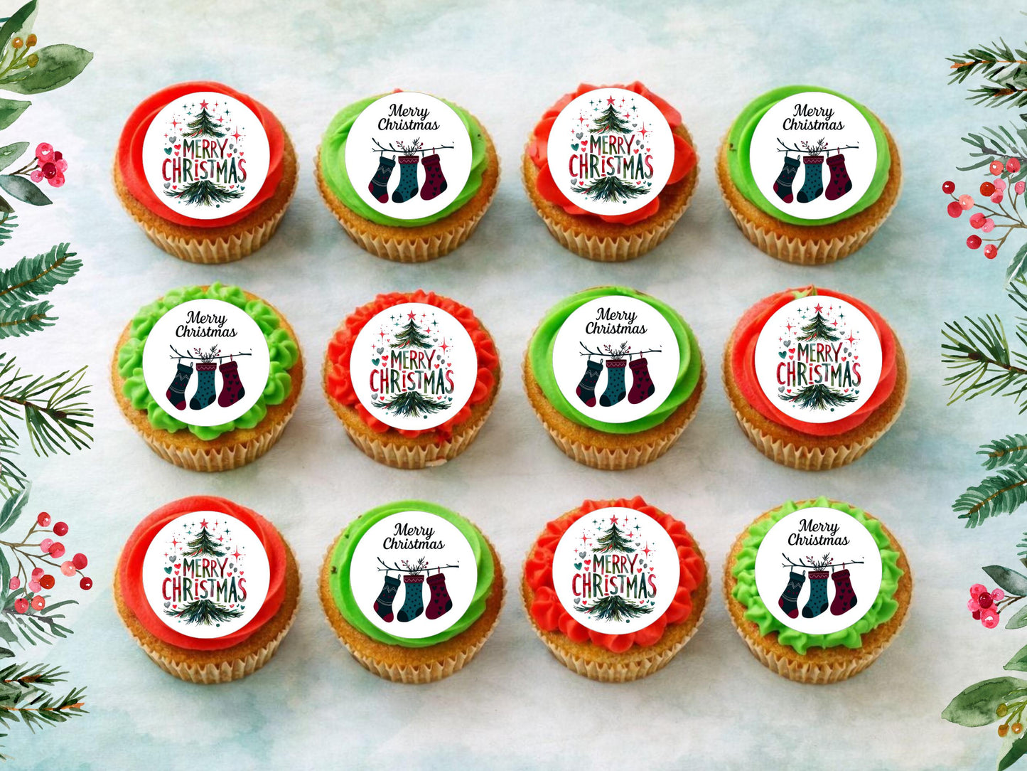 Christmas Edible Cupcake Toppers 12 x 2" – Pre cut Wafer Paper, Card or Icing Sheet, Merry Christmas Tree & Stocking Festive Cupcakes