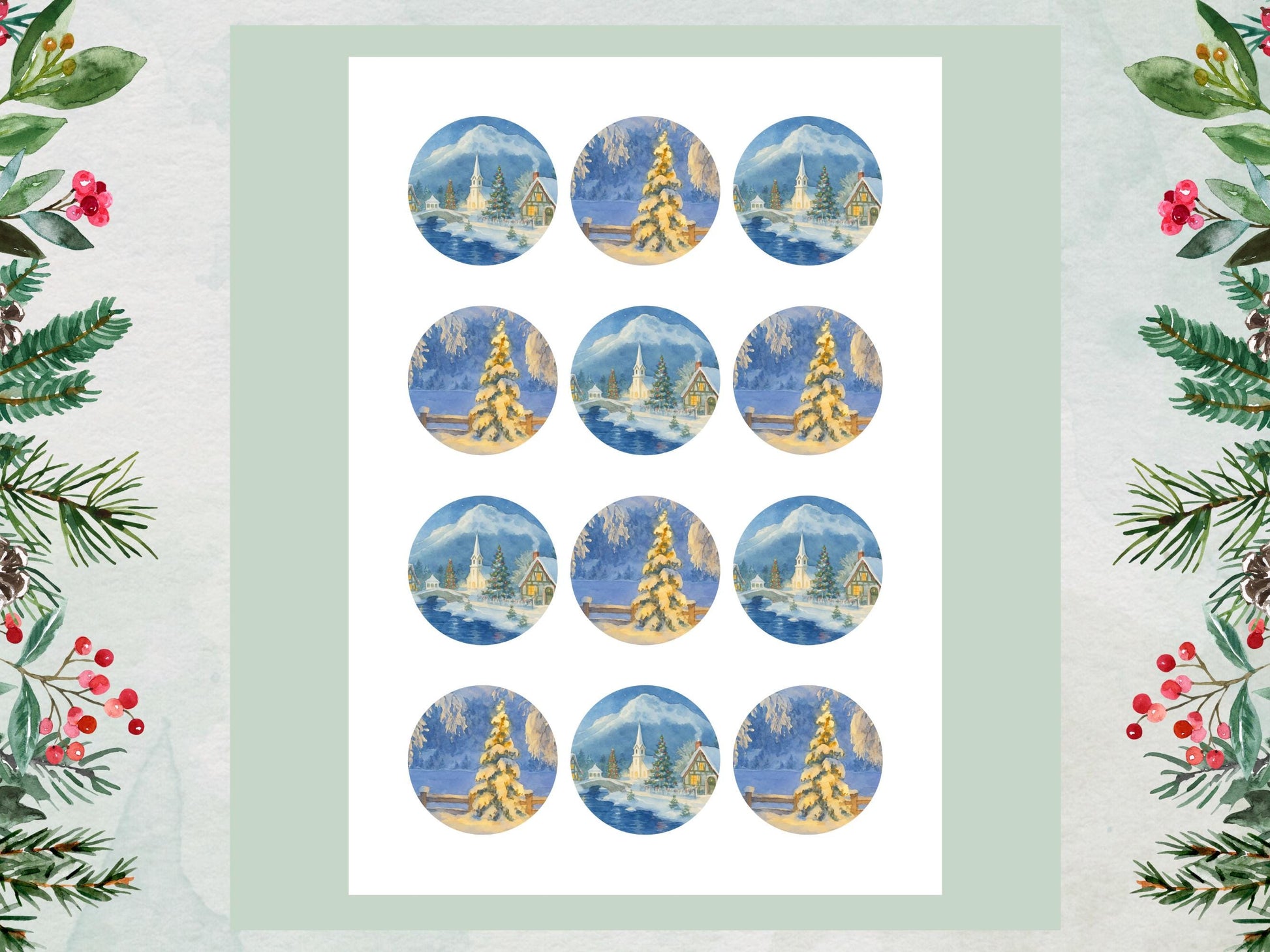 Christmas Village Edible Cupcake Toppers – Snowy Scene, 12 x 2" (Wafer Paper)