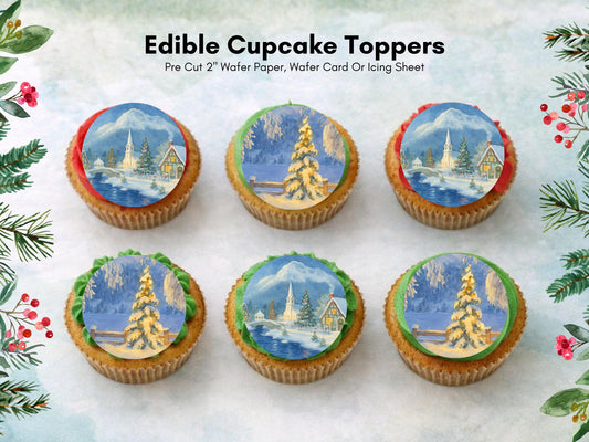 Christmas Village Edible Cupcake Toppers – Snowy Scene, 12 x 2" (Wafer Paper)