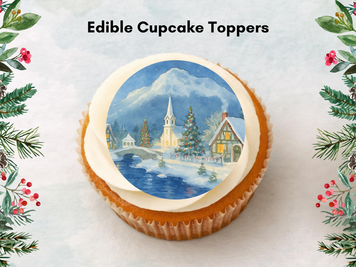 Christmas Village Edible Cupcake Toppers – Snowy Scene, 12 x 2" (Wafer Paper)
