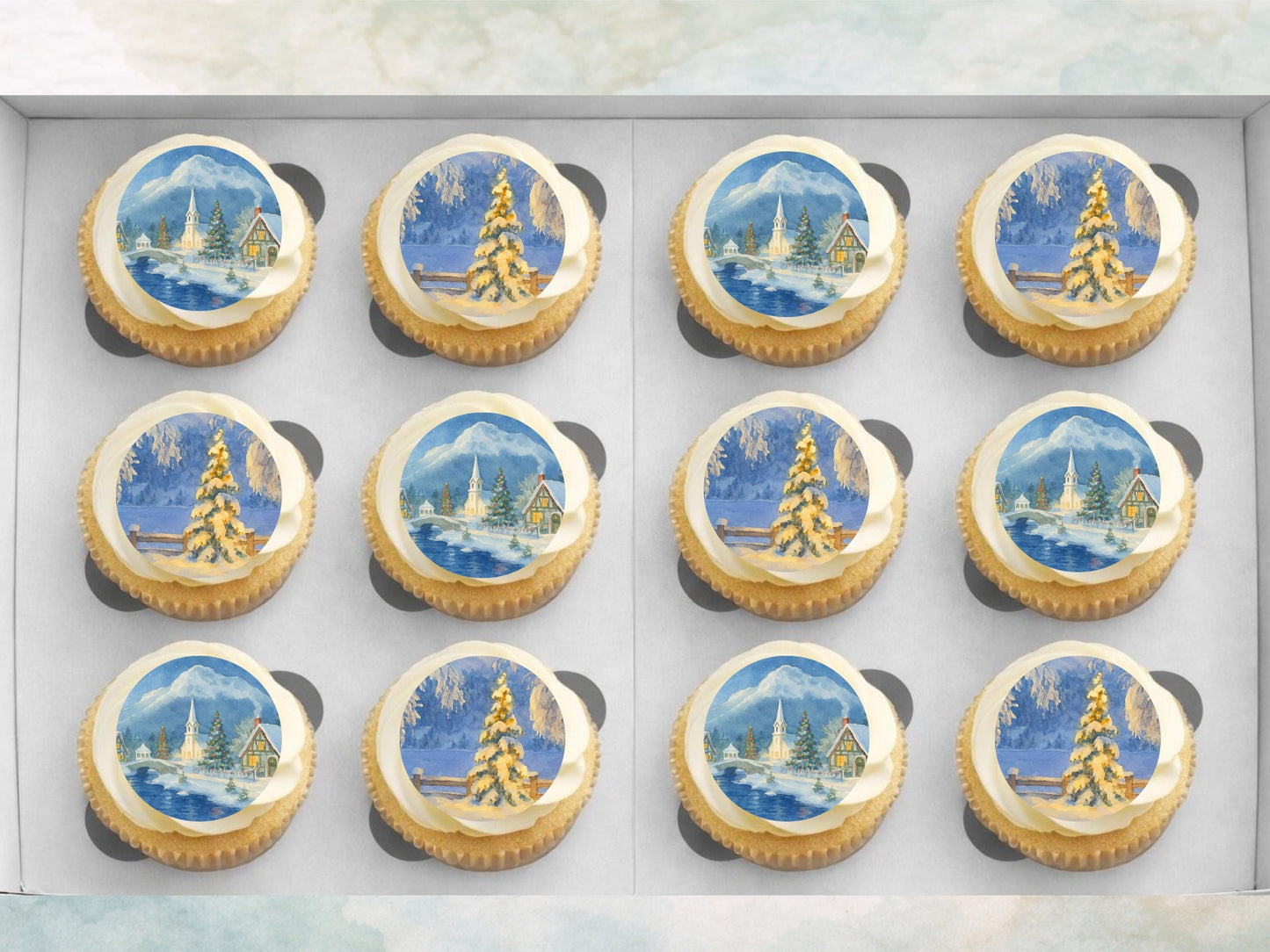 Christmas Village Edible Cupcake Toppers – Snowy Scene, 12 x 2" (Wafer Paper)