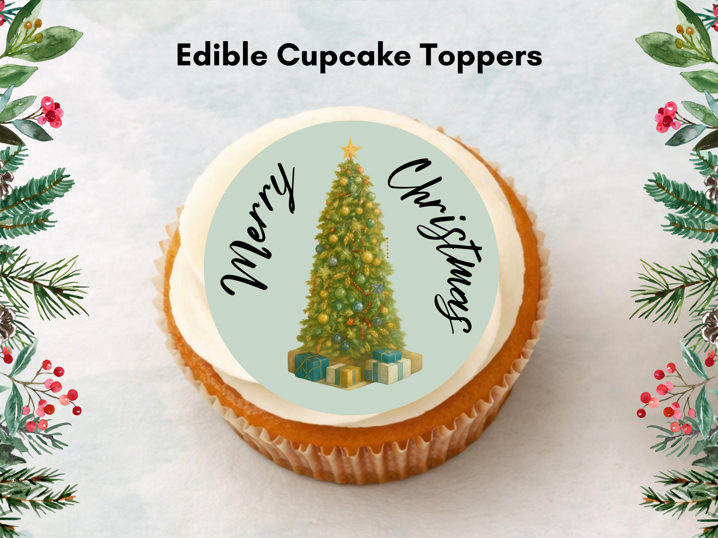 Christmas Tree Edible Cupcake Toppers – 2" Wafer Paper, Card, or Icing Sheet