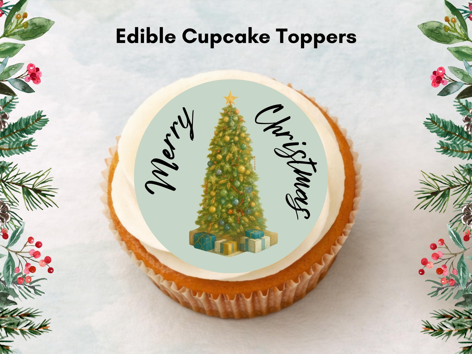 Christmas Tree Edible Cupcake Toppers – 2" Wafer Paper, Card, or Icing Sheet