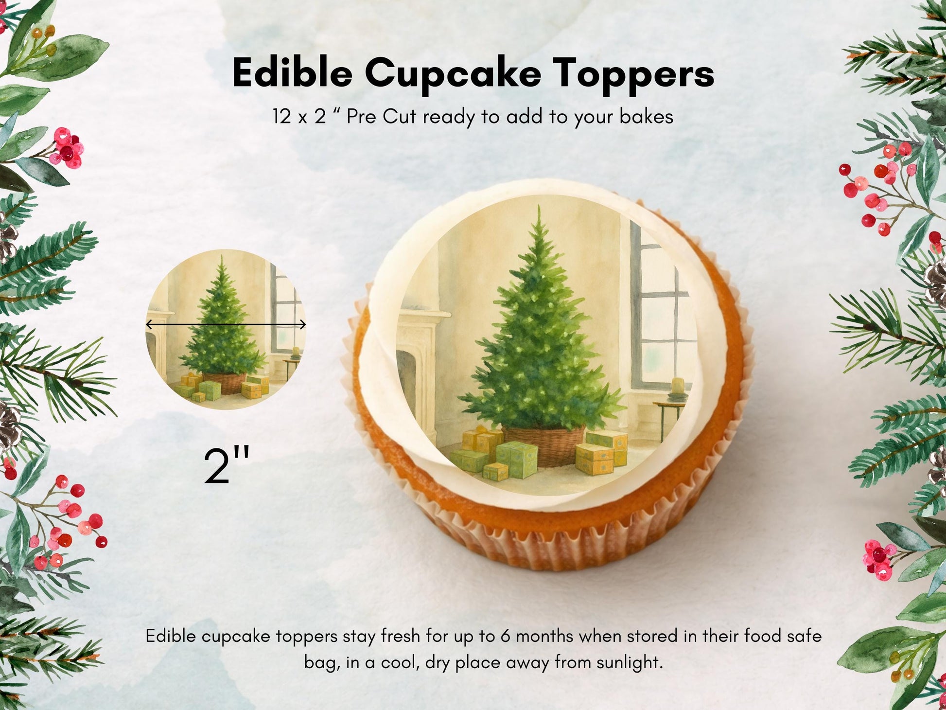 Christmas Tree Edible Cupcake Toppers – 2" Wafer Paper, Card, or Icing Sheet