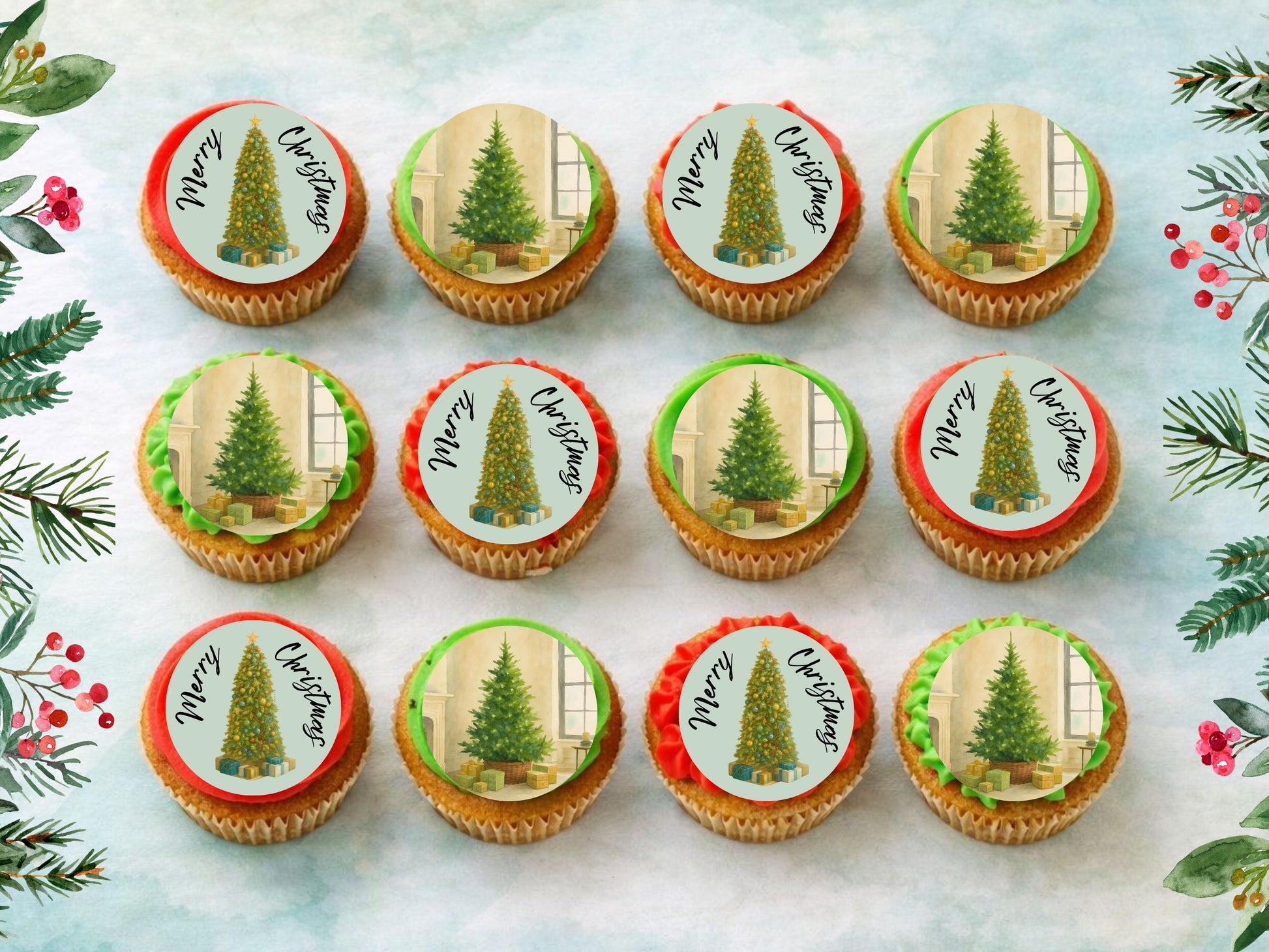 Christmas Tree Edible Cupcake Toppers – 2" Wafer Paper, Card, or Icing Sheet