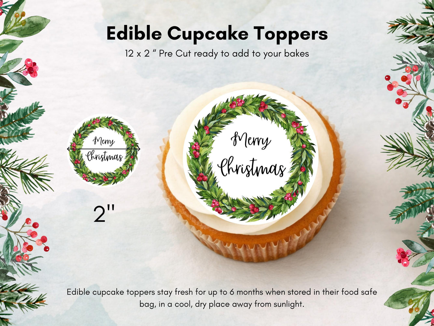 Christmas Cupcake Toppers – Merry Christmas Holly Wreath, Edible 2" (Pre-Cut)