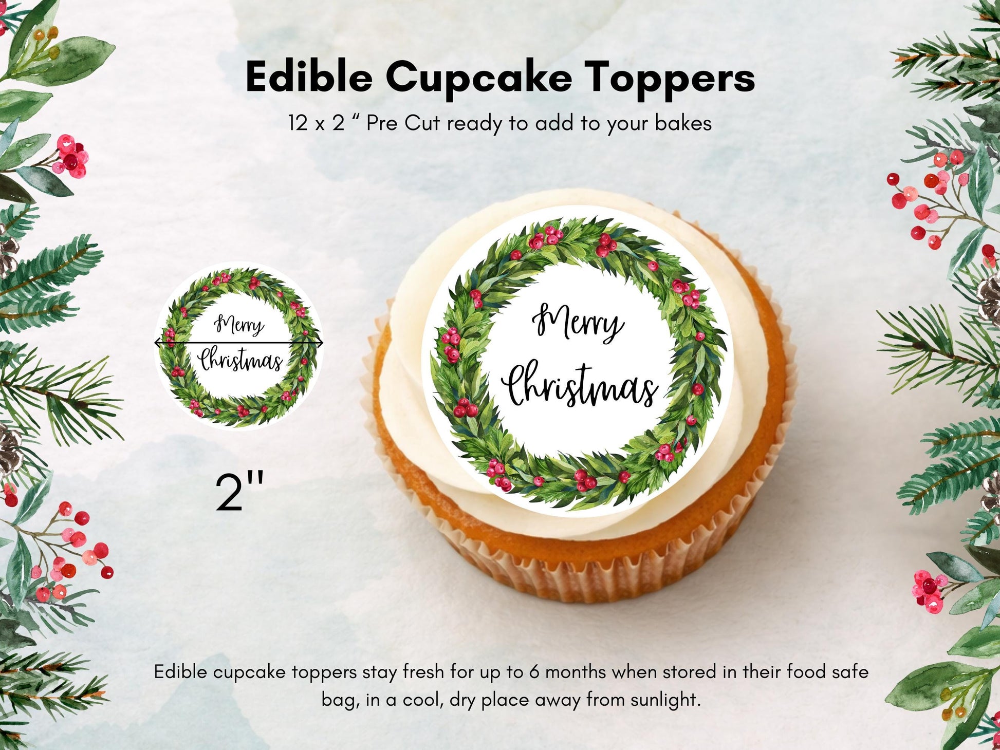 Christmas Cupcake Toppers – Merry Christmas Holly Wreath, Edible 2" (Pre-Cut)