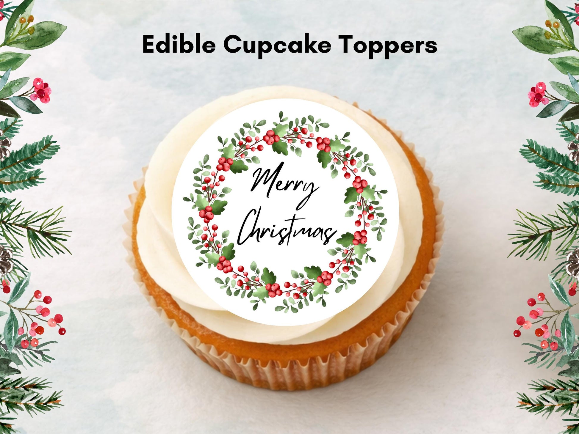 Christmas Cupcake Toppers - Holly Wreath Edible Decorations (2 inch)