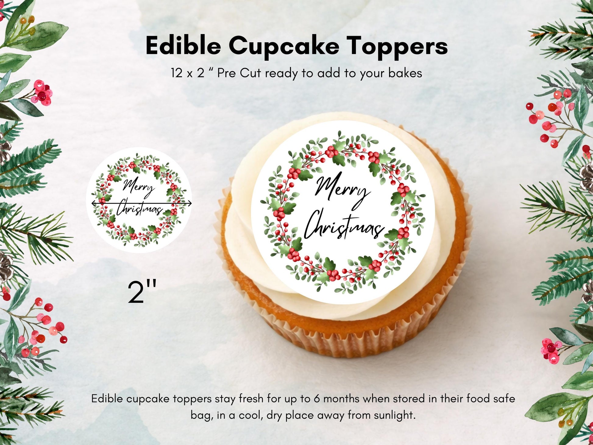 Christmas Cupcake Toppers - Holly Wreath Edible Decorations (2 inch)