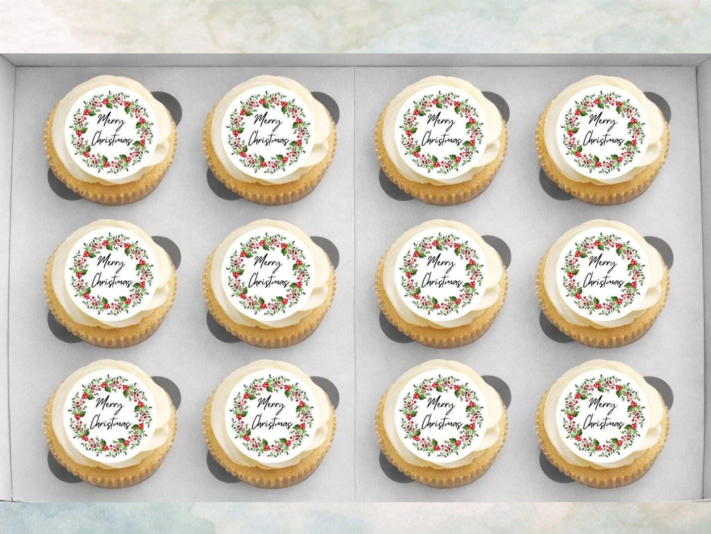 Christmas Cupcake Toppers - Holly Wreath Edible Decorations (2 inch)