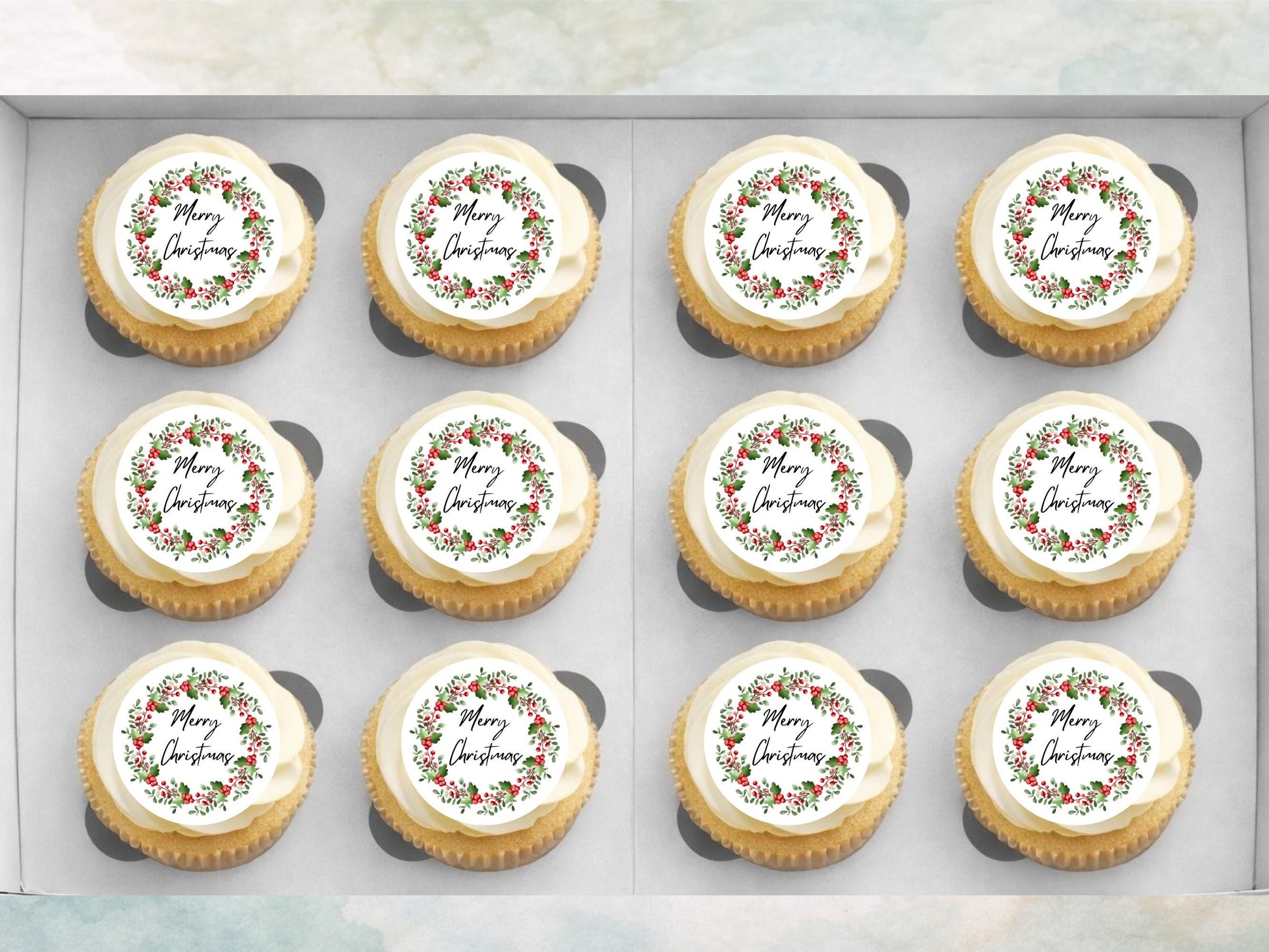 Christmas Cupcake Toppers - Holly Wreath Edible Decorations (2 inch)