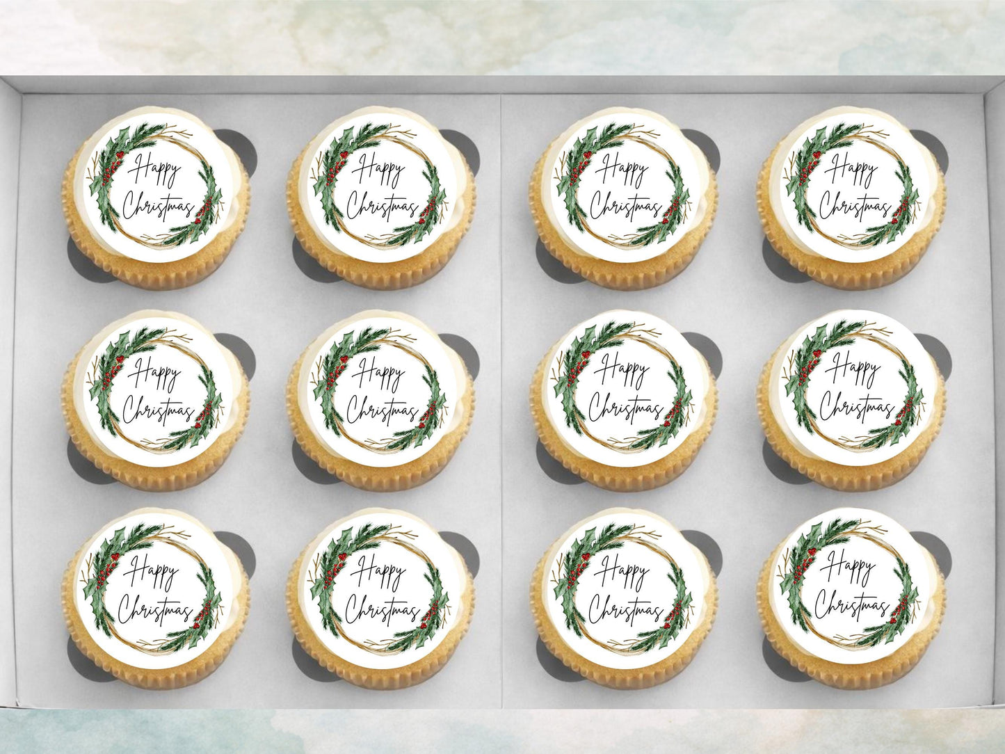 Christmas Wreath Edible Cupcake Toppers – Pre-Cut Wafer Paper