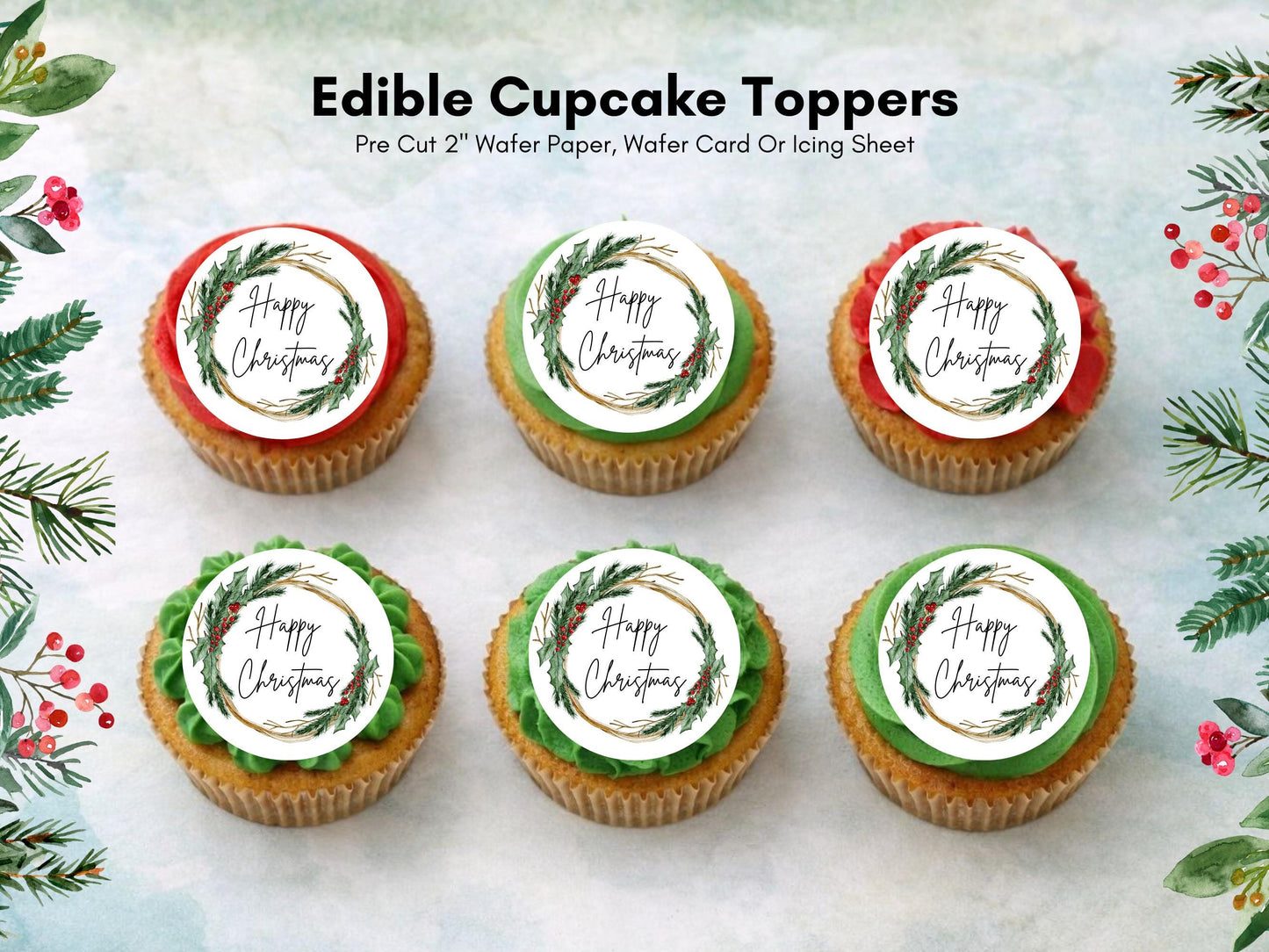 Christmas Wreath Edible Cupcake Toppers – Pre-Cut Wafer Paper