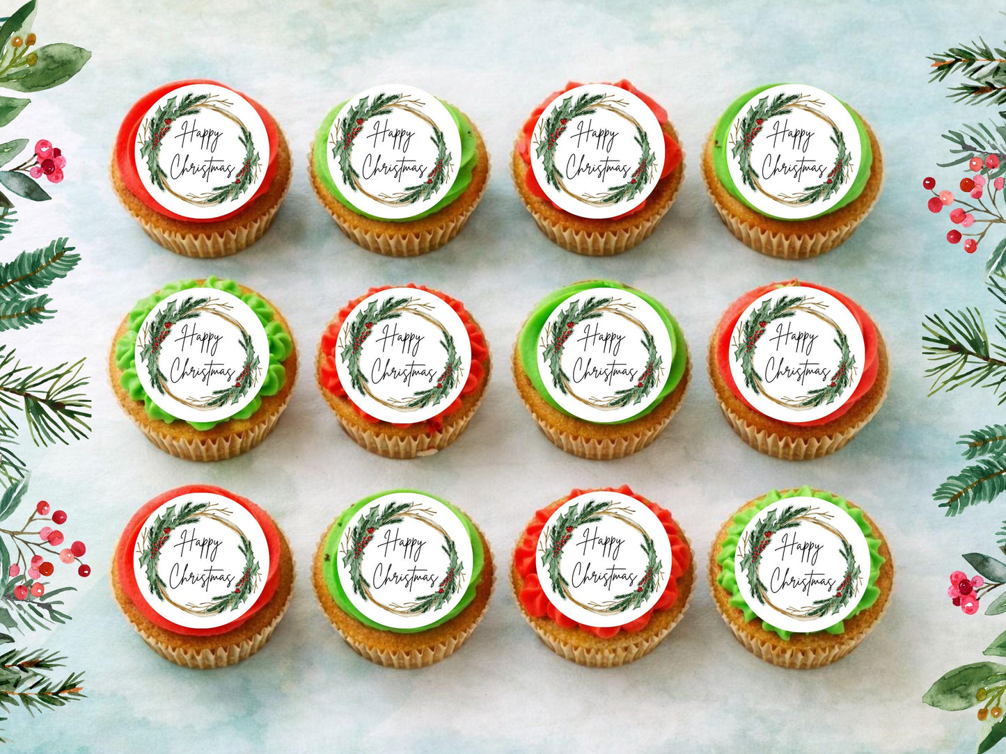 Christmas Wreath Edible Cupcake Toppers – Pre-Cut Wafer Paper