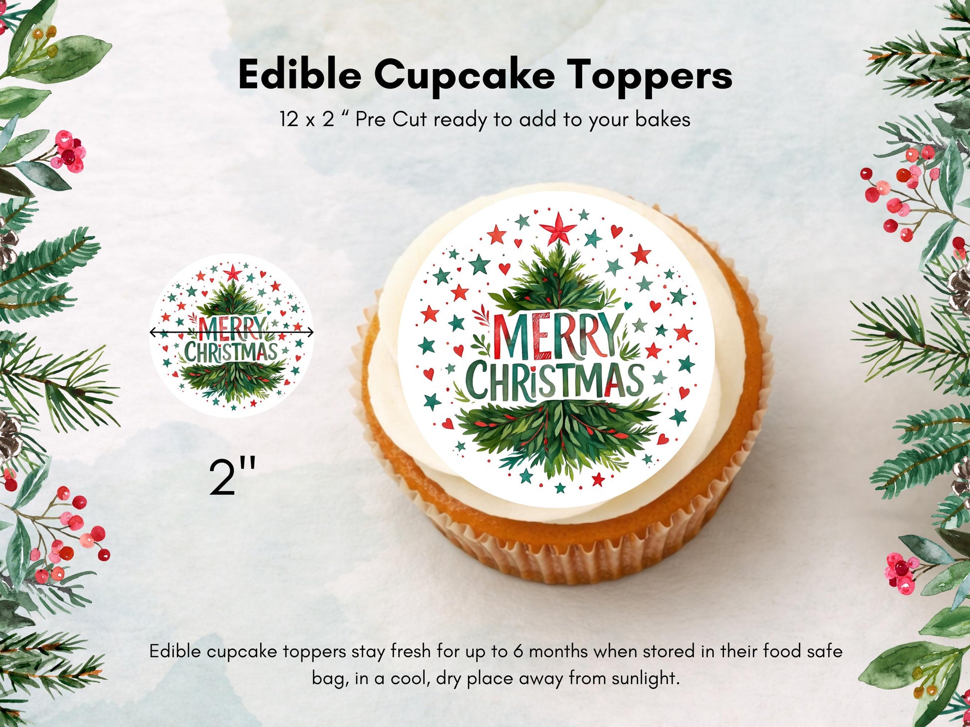 Merry Christmas Cupcake Toppers: Edible Wafer Paper, Card, or Icing (12 x 2")