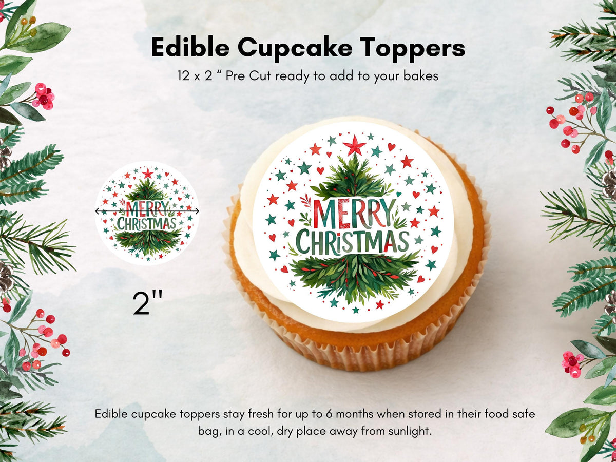 Merry Christmas Cupcake Toppers: Edible Wafer Paper, Card, or Icing (12 x 2")