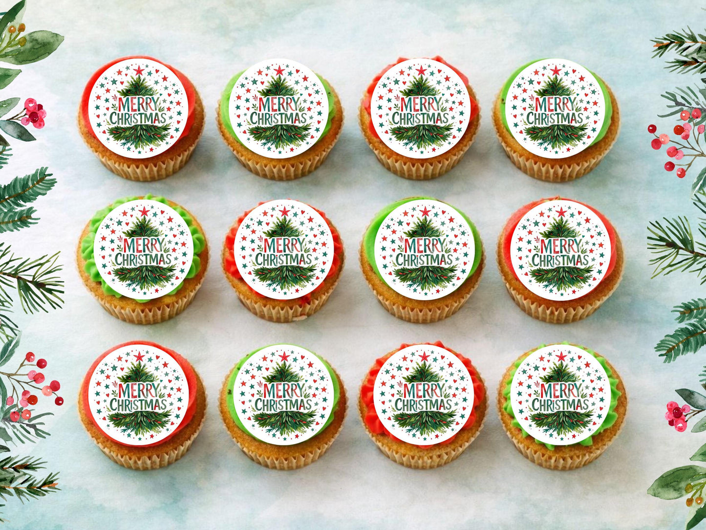 Merry Christmas Cupcake Toppers: Edible Wafer Paper, Card, or Icing (12 x 2")