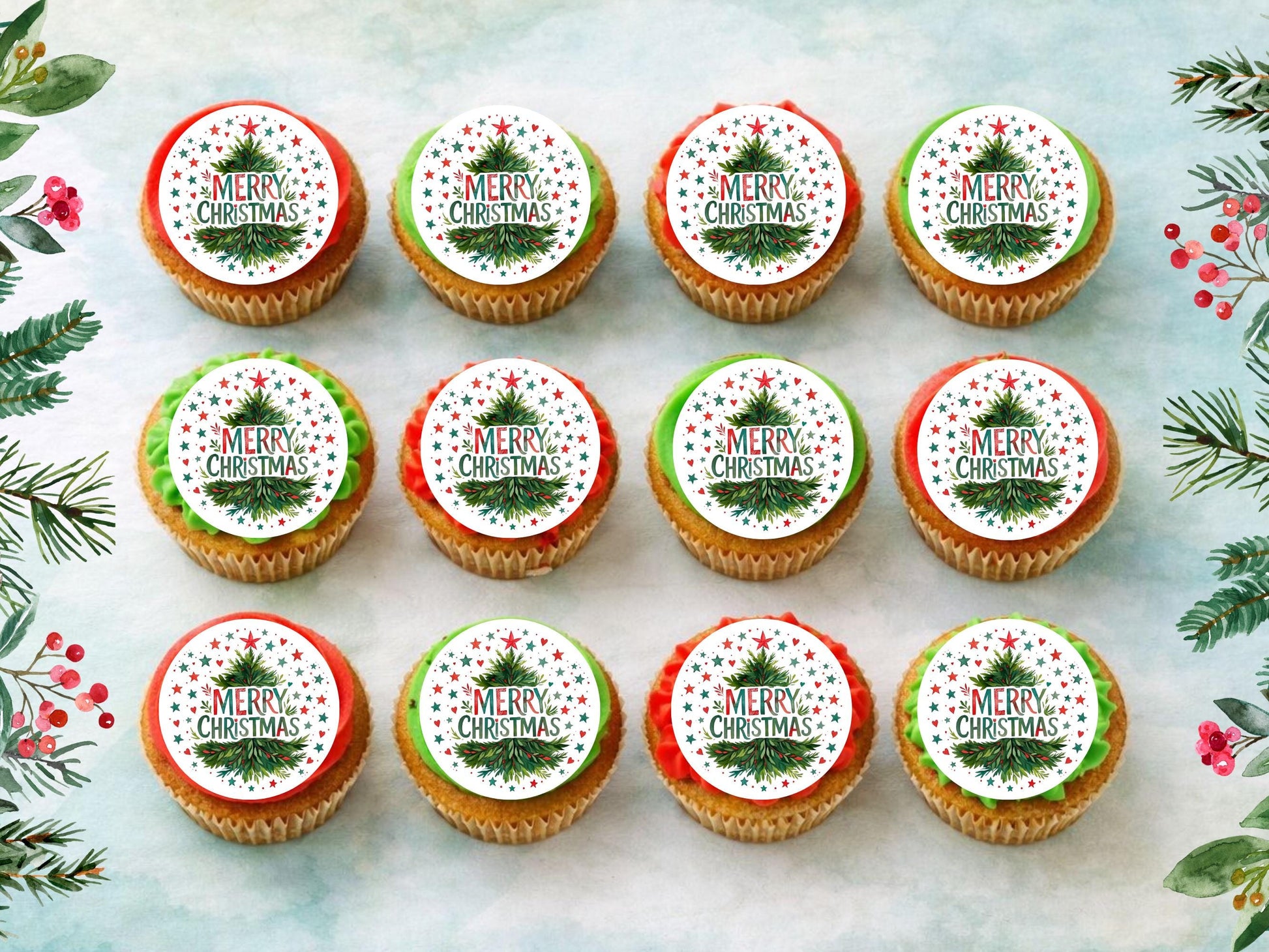 Merry Christmas Cupcake Toppers: Edible Wafer Paper, Card, or Icing (12 x 2")