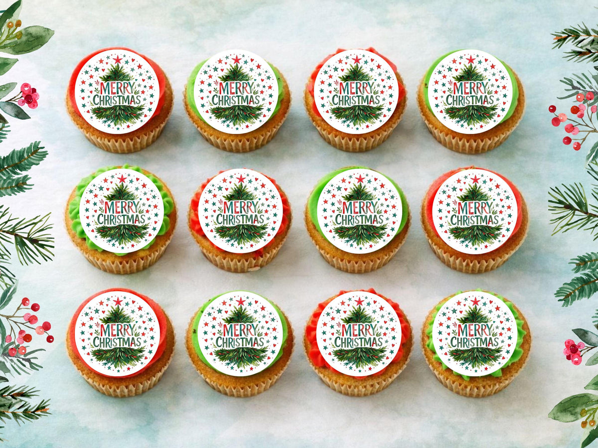 Merry Christmas Cupcake Toppers: Edible Wafer Paper, Card, or Icing (12 x 2")