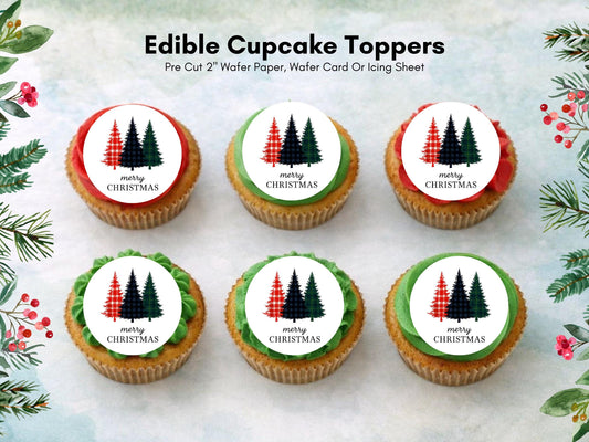 Merry Christmas Edible Cupcake Toppers: 12 x 2" Wafer Paper, Card, or Icing Sheet