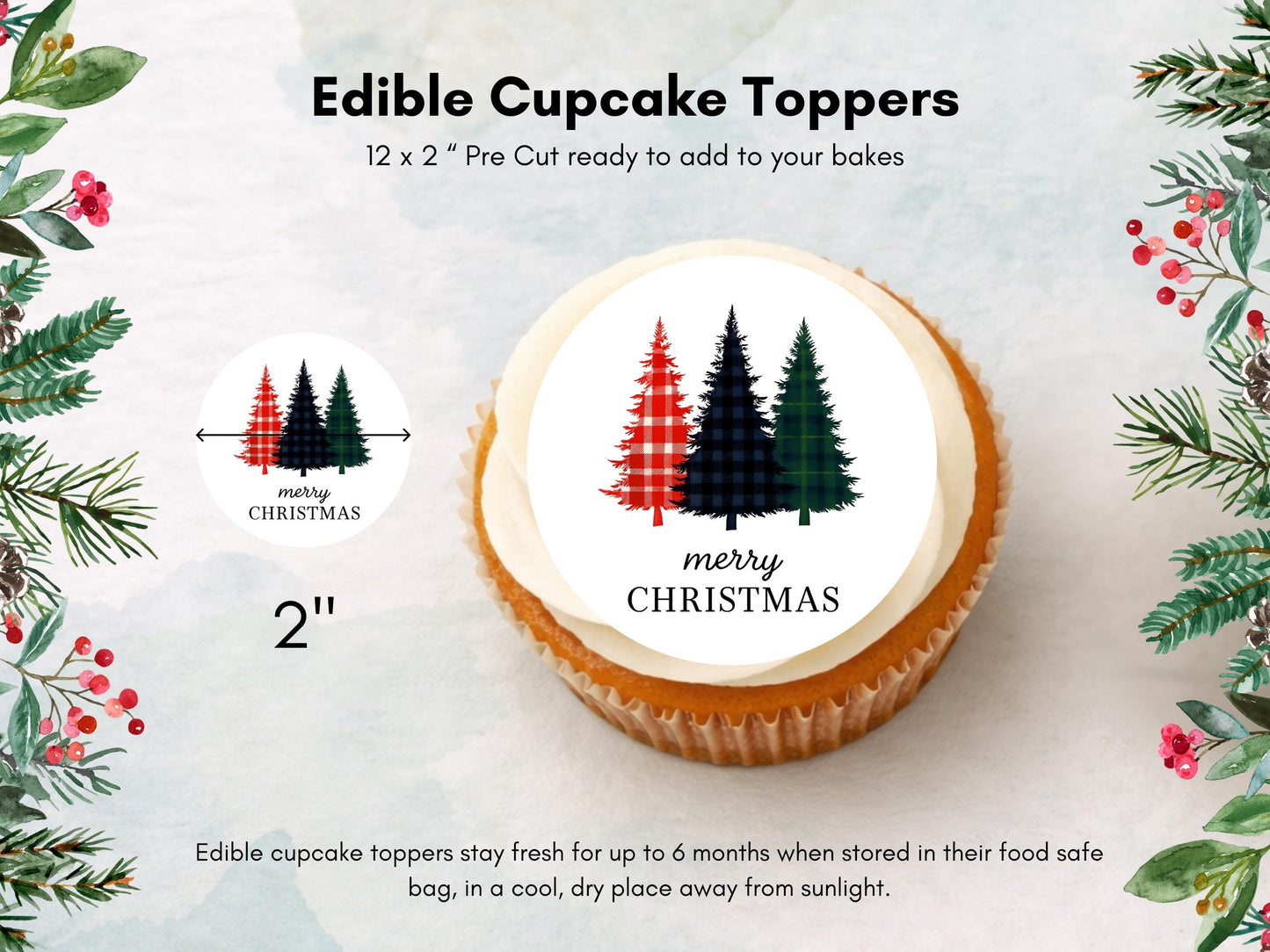 Merry Christmas Edible Cupcake Toppers: 12 x 2" Wafer Paper, Card, or Icing Sheet