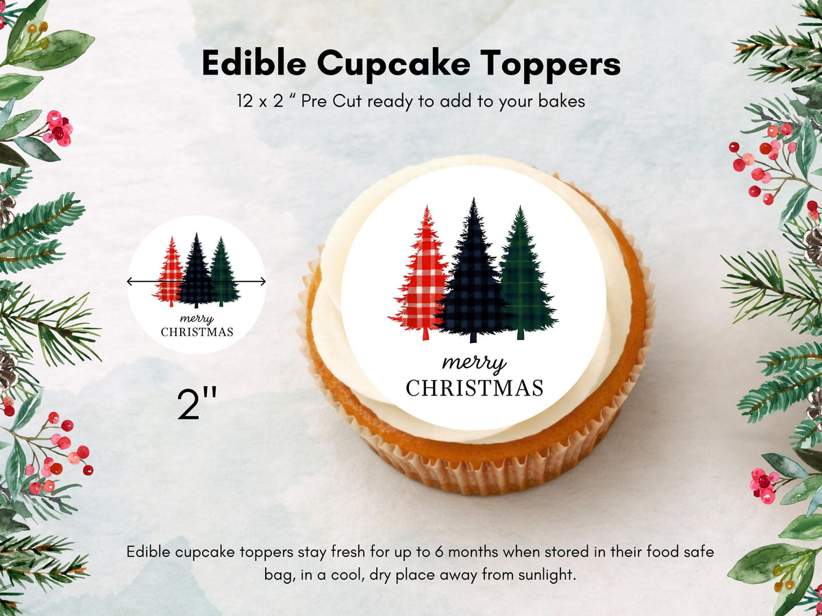 Merry Christmas Edible Cupcake Toppers: 12 x 2" Wafer Paper, Card, or Icing Sheet