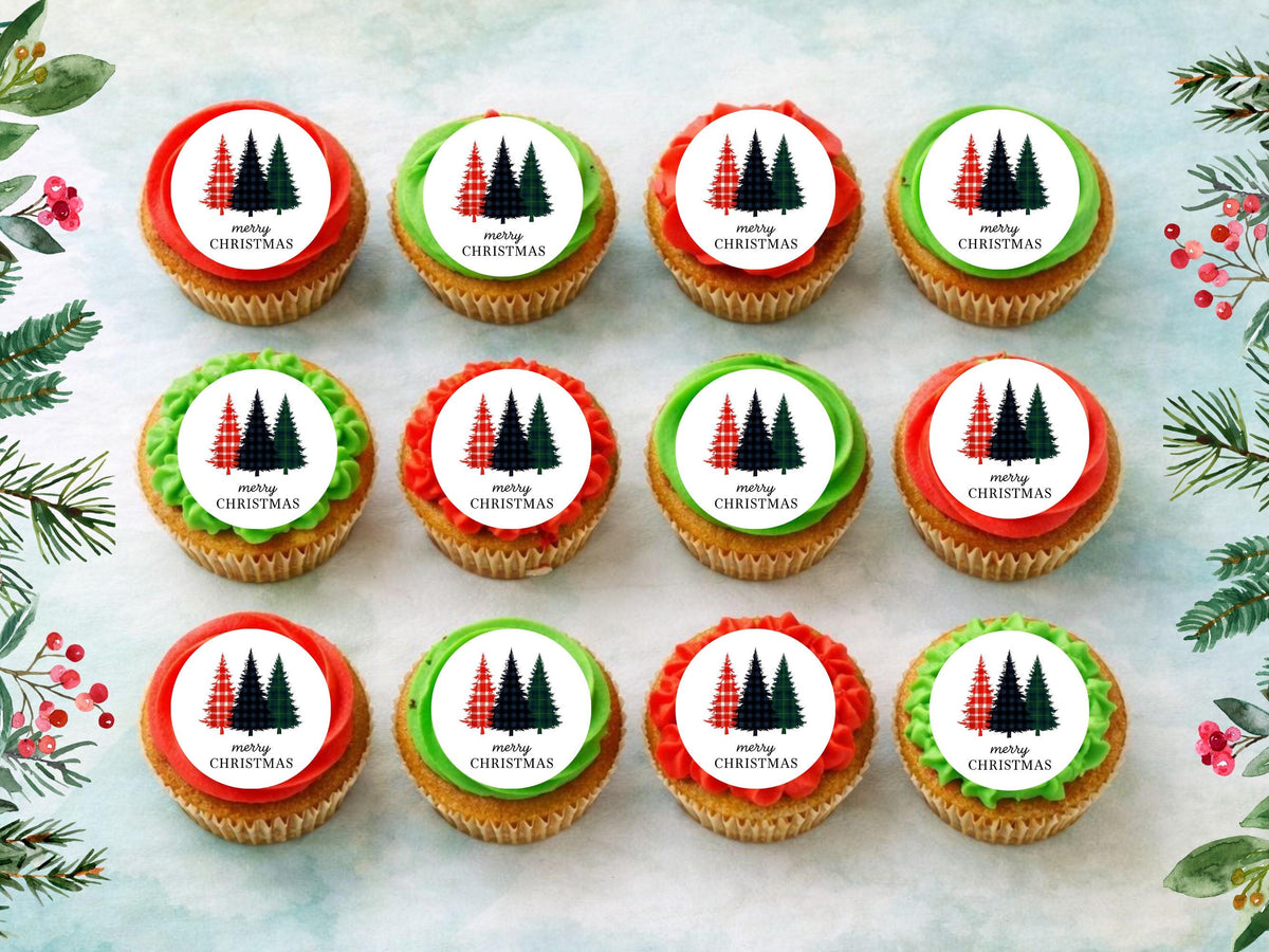 Merry Christmas Edible Cupcake Toppers: 12 x 2" Wafer Paper, Card, or Icing Sheet