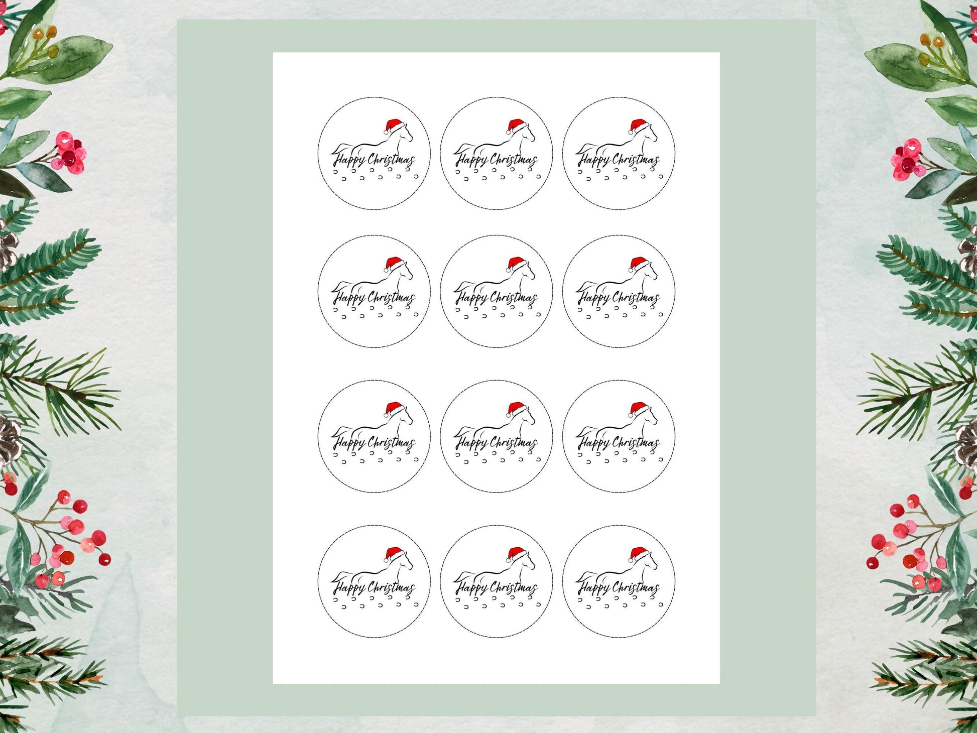 Horse Christmas Edible Cupcake Toppers, 2" Wafer Paper, Card, Icing Sheet