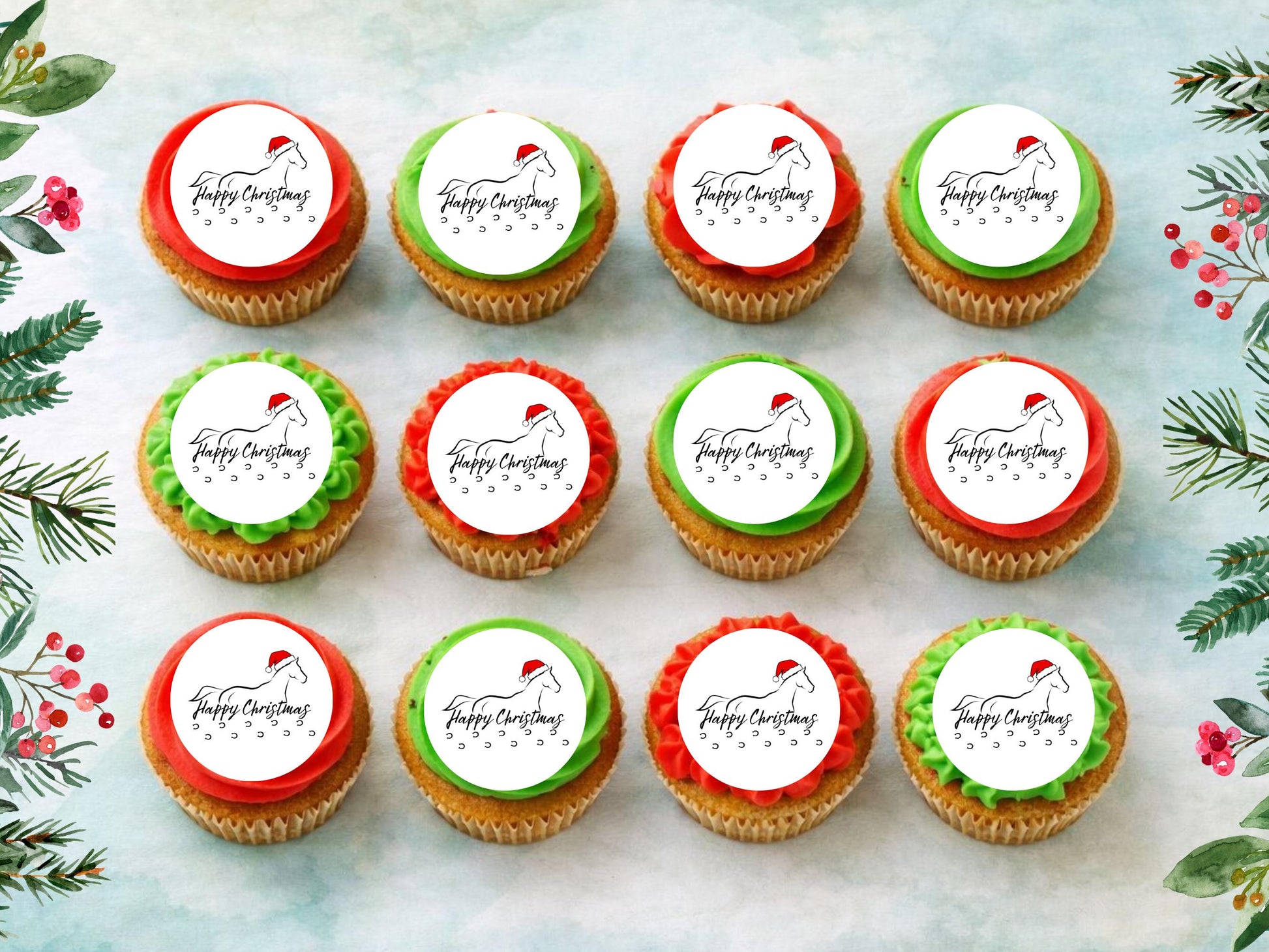 Horse Christmas Edible Cupcake Toppers, 2" Wafer Paper, Card, Icing Sheet