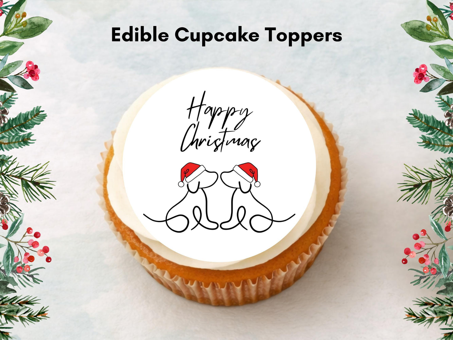 Dog Happy Christmas Edible Cupcake Toppers, 2" (Wafer Paper, Card, or Icing Sheet)