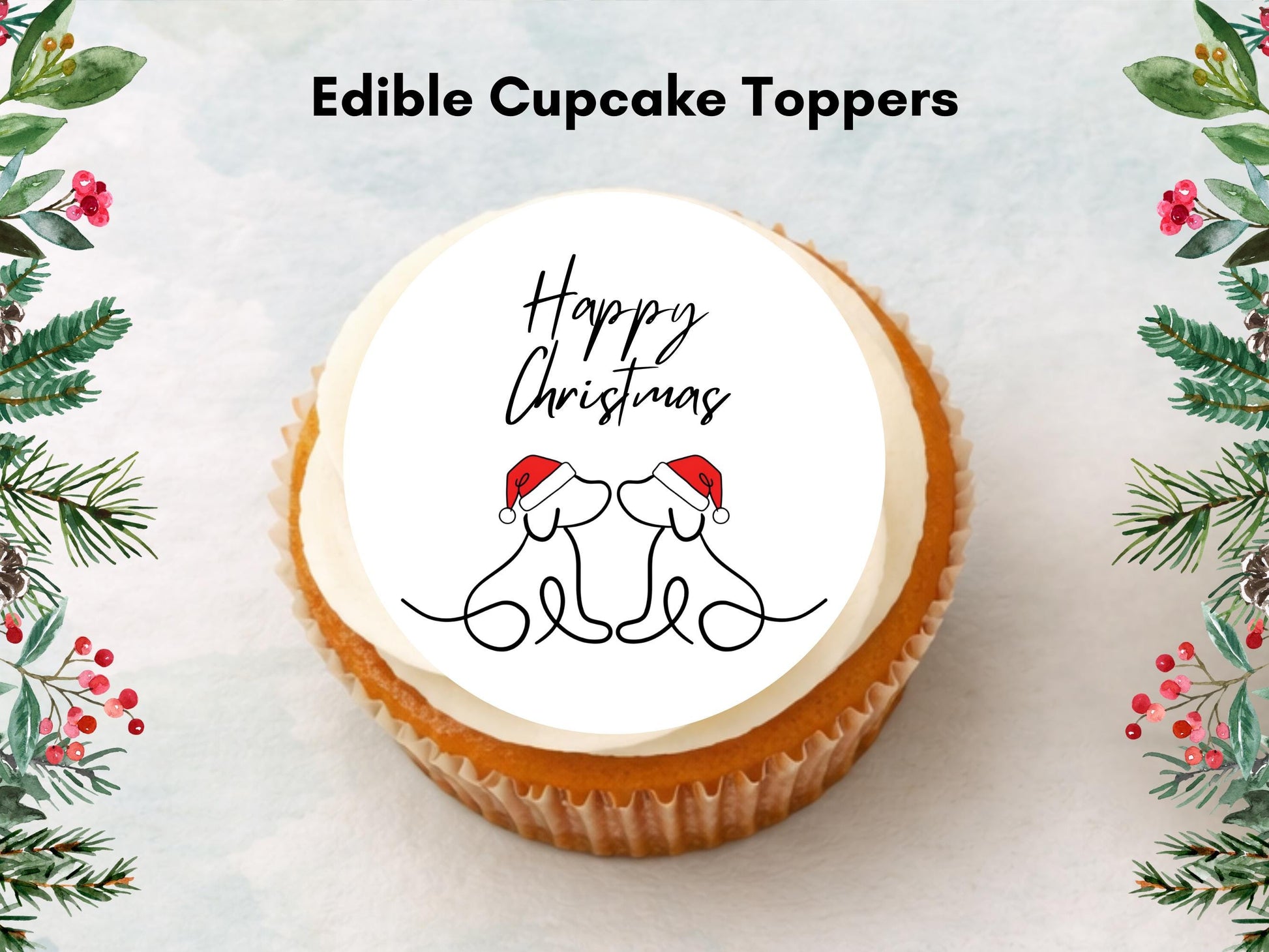 Dog Happy Christmas Edible Cupcake Toppers, 2" (Wafer Paper, Card, or Icing Sheet)
