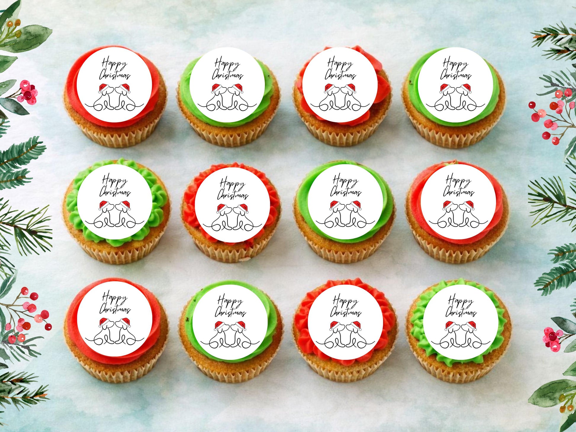 Dog Happy Christmas Edible Cupcake Toppers, 2" (Wafer Paper, Card, or Icing Sheet)