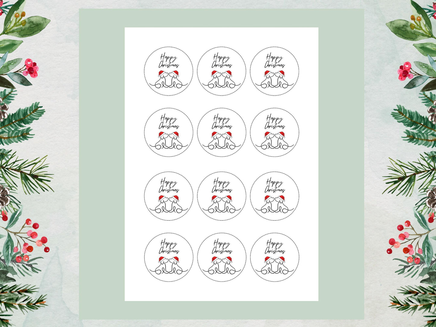 Dog Happy Christmas Edible Cupcake Toppers, 2" (Wafer Paper, Card, or Icing Sheet)