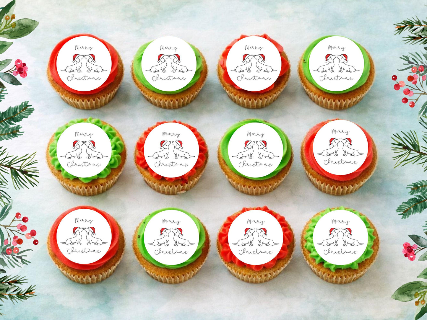 Sausage Dog Merry Christmas Edible Cupcake Toppers (2" Wafer)