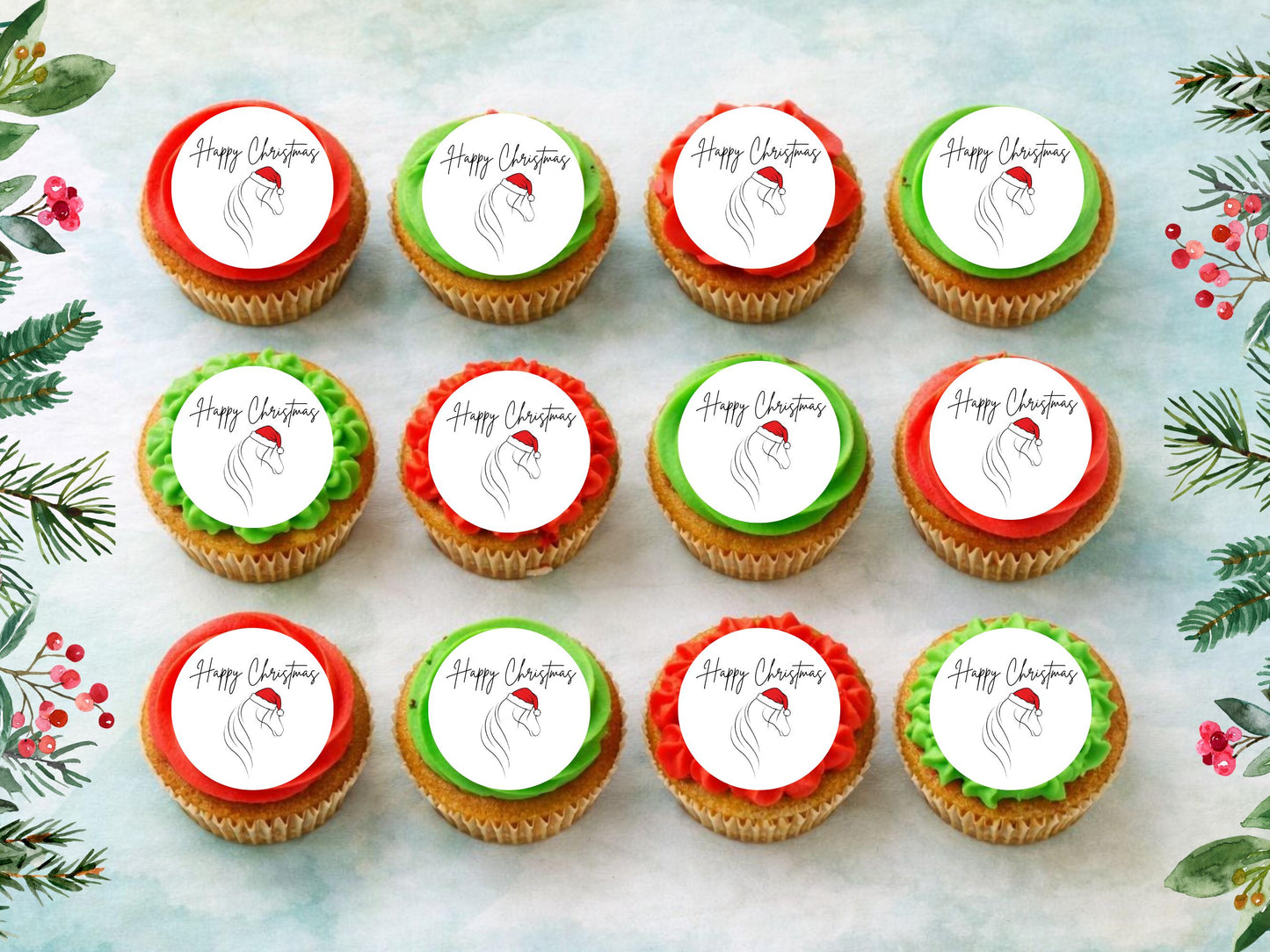 Christmas Horse Edible Cupcake Toppers, 12 x 2" (Wafer Paper, Card, or Icing Sheet)