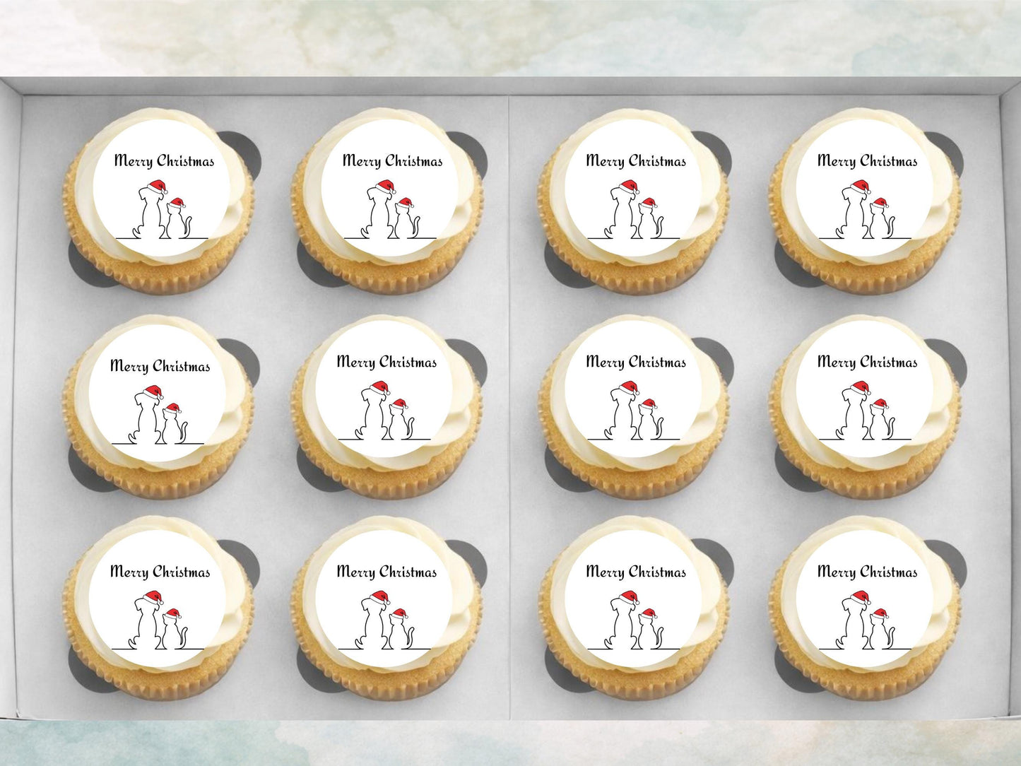 Dog and Cat Merry Christmas Edible Cupcake Toppers (2 inch)