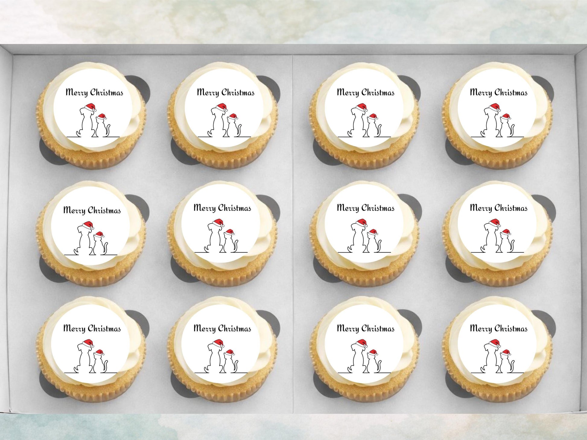 Dog and Cat Merry Christmas Edible Cupcake Toppers (2 inch)