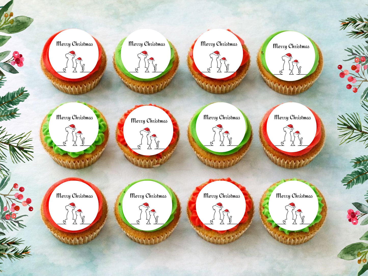 Dog and Cat Merry Christmas Edible Cupcake Toppers (2 inch)